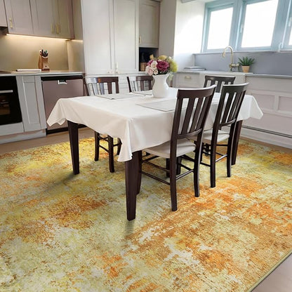 Washable Area Rugs for Living Room 9x12 - Large Neutral Modern Abstract Rug, Soft Low Pile Carpet with Non Slip Backing for Under Dining Room Table, Bedroom, Home, Office, Dorm - Yellow Brick