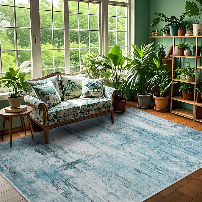 10x12 Abstract Area Rugs for Living Room, Modern Teal Grey Washable Indoor Rug for Bedroom, Soft Large Non-Slip Carpet for Dining Room Home Office Farmhouse Decor - Teal+Gray
