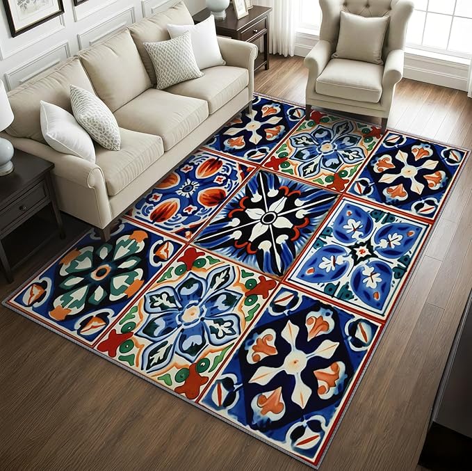 Moroccan Trellis Rugs 8x10 -Moroccan Tile Rug, 5x8 ft, Colorful Trellis Area Rug, Geometric Patchwork Washable Non-Slip Stain Resistant, Oriental Traditional Home Decor & Gifts