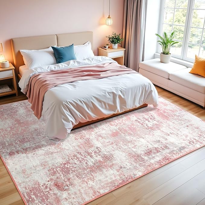 Washable Abstract Rug, 6x9 Modern Area Rugs with Non-Slip Rubber Backed for Living Room, Thin but Soft Contemporary Carpet Kitchen Bedroom Dining Room Decor, Pink