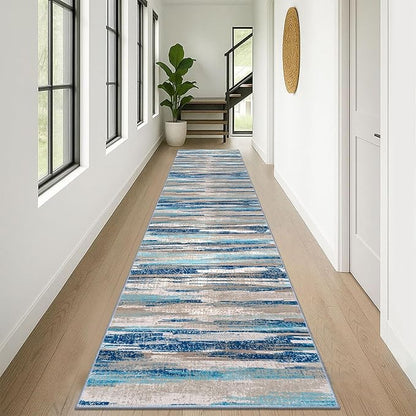 Modern Abstract Runner Rug 3x12, Blue Washable Long Kitchen Runner Non-Slip Soft Hallway Rug Runner Thin Print Faux Wool Carpet for Entryway Bedroom Laundry Room Indoor Home Decor