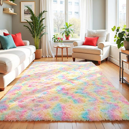 Zentavio Unicorn Rugs for Girls Room 5x8 Area Rugs for Living Room Carpet for Bedroom Washable Soft Fluffy Shag Aesthetic Plush High Pile Throw Rug for Nursery Kids Room Dorm Room Rainbow