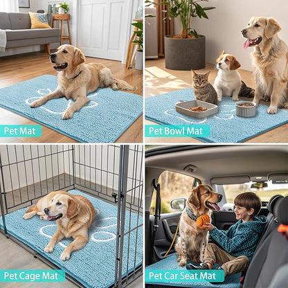 Smiry Dog Door Mat for Muddy Paws, Absorbent Dirt Trapper Non Slip Quick Dry Washable Chenille Mat for Mud Dogs, Entry Rug for Indoor and Outdoor (48x30 Inches, Sky Blue and White)