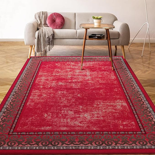 Antep Rugs Alfombras Bordered Modern 3x5 Non-Slip (Non-Skid) Low Pile Rubber Backing Indoor Area Rug (Red, 3' x 5')