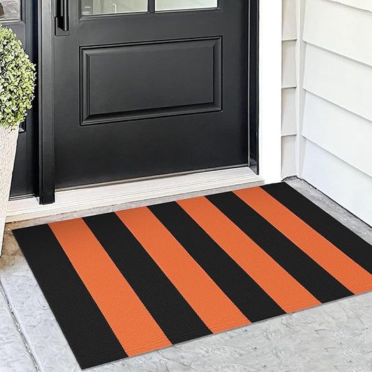 KOZYFLY Orange and Black Striped Rug Doormat 2x3 Ft Halloween Fall Cotton Woven Washable Indoor Outdoor Rugs for Layered Door Mats Porch/Kitchen/Farmhouse
