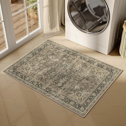 2x3 Washable Brown Area Rug Vintage Entryway Kitchen Carpet Non-Slip Soft Low Pile Distressed Indoor Small Throw Rug for Bedroom Bathroom Entrance
