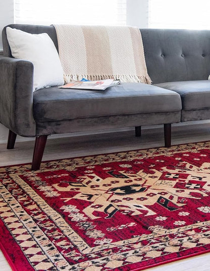 Unique Loom Taftan Collection Border Geometric Tribal Inspired Design Area Rug (7' 0 x 10' 0 Rectangular, Red/ Gold)