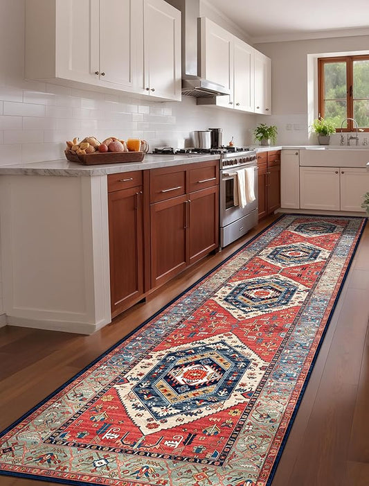 SERISSA Runner Rug for Hallways, 2'6"x12' Washable Non Slip Kitchen Runner Rug, Extra Long Boho Rug Ultra Soft Vintage Rust Print Floor Carpet for Bedroom Hallway Entryway Bathroom Laundry Room