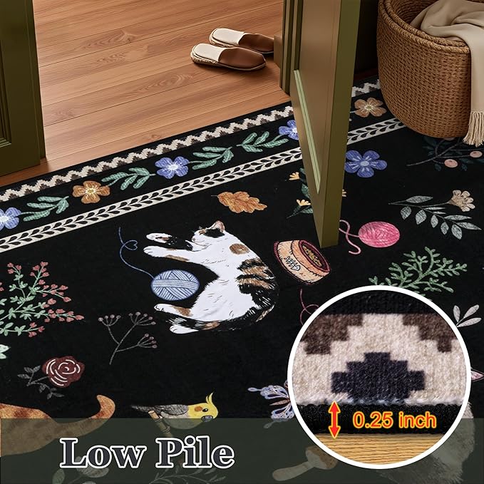 5x7 Area Rugs Living Room Rug: Vintage Washable Rug Floral Soft Carpet Indoor Floor Non-Slip Boho Stain Resistant Large Carpets for Bedroom Kids Nursery Dining Room Farmhouse Home Office Black/C01