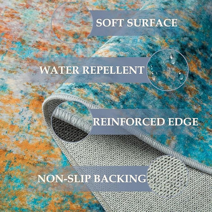Washable Area Rugs 2'x3' Non-Slip Modern Abstract Soft for Living Room Entryway Bedroom Nursery, Print Pattern, Teal Blue Green Orange Rust Red Coloreful