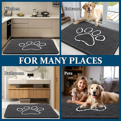 OLANLY Dog Door Mat for Muddy Paws 59x24, Paw Print Design, Absorbs Moisture and Dirt, Absorbent Non-Slip Washable Doormat, Quick Dry Chenille Mud Mat for Dogs, Entry Indoor Entryway Carpet, Dark Grey