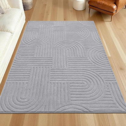 SHACOS Soft Cozy Fluffy Arch Pattern High Low Pile Rugs 3'x5' Non Slip Washable Scandinavian Minimalist Rug Modern Geometric Arc Carpet for Living Room Bedroom Dining Room, Light Grey