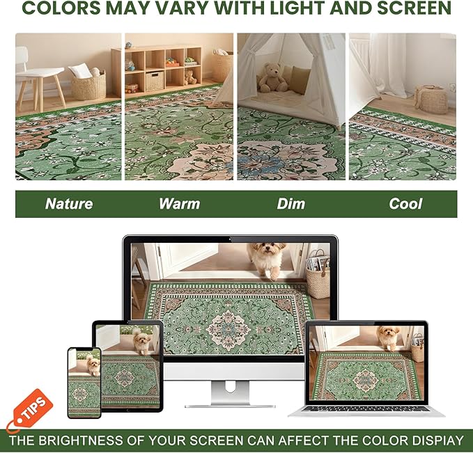 Luxury 5' x 7' Green Washable Area Rugs, Boho Low Pile Easy Clean Non-Slip Rug, Floral Medallion Pattern Vintage Rugs for Living Room, Dinning Room, Office, Bedroom, Bathroom, Laundry Room, Farmhouse