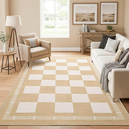 Vasofe Checkered Jute 5x7 Area Rugs, Washable Outdoor Patio Rug for Living Room Bedroom Indoor Carpet, Non Slip Modern Farmhouse Neutral Geometric Rugs Office Porch Dining Room Mat, Khaki and White