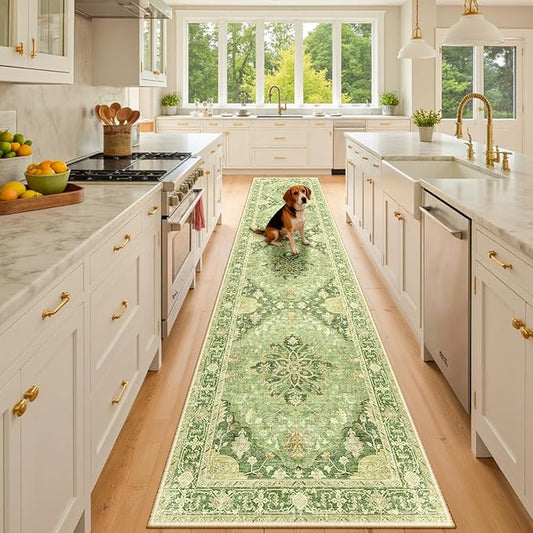 Area Rugs 2'x10' Washable Non-Slip, Floral Vintage Distress Print Pattern Medallion Carpet for Living Room Bedroom Dining Room, Sage Green Yellow