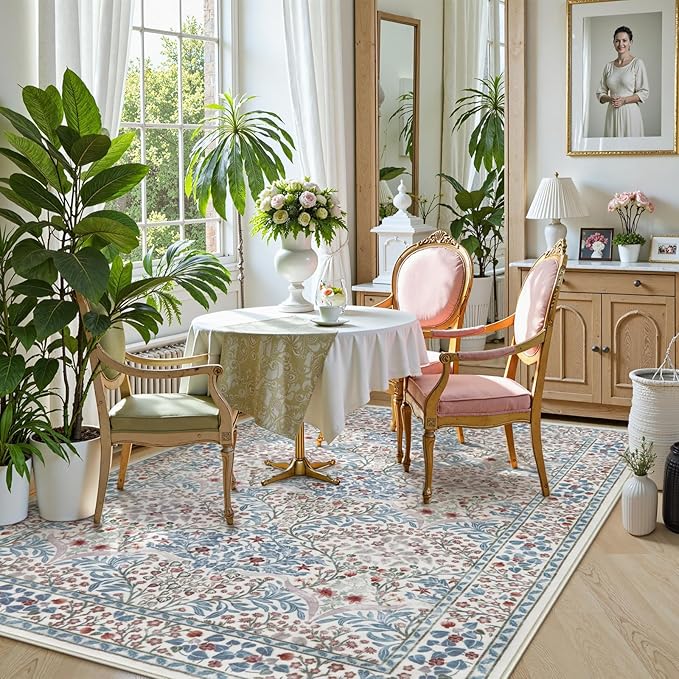 Lahome Floral Washable Area Rugs 5x7, Soft Beige Rugs for Living Room Bedroom, Boho Non Slip Low Pile Forest Design Large Throw Carpet for Farmhouse Dining Room Nursery, Beige/Blue