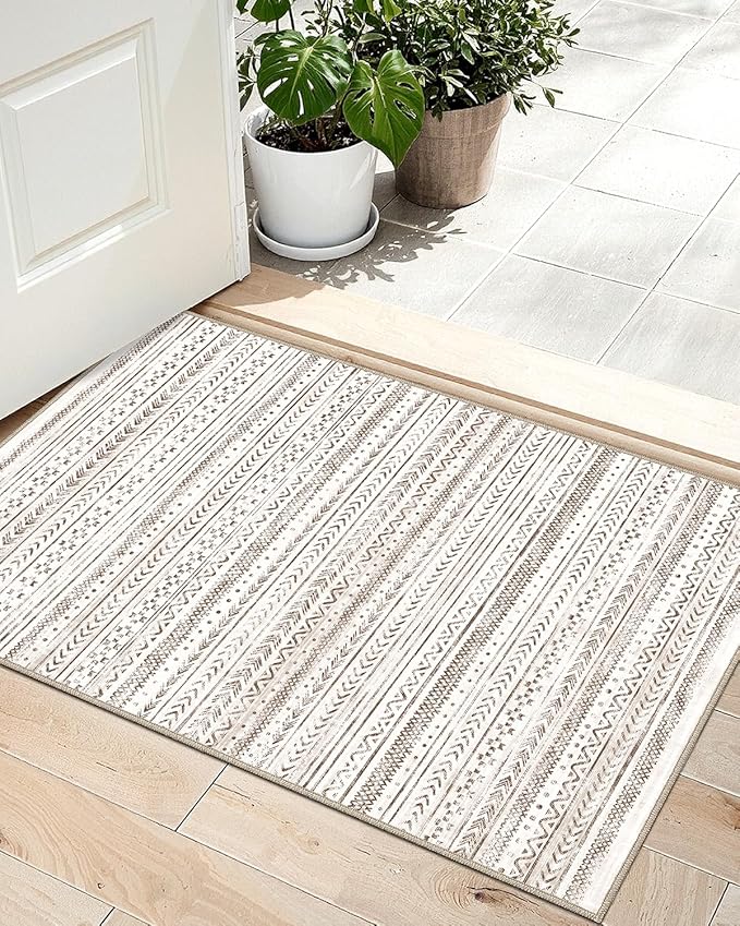 LUMI Ultra Thin Door Mat, 24x36 Non Slip Indoor Doormat Entrance Washable Rugs Entryway Oriental Vintage Soft Carpet for Kitchen Bedroom Front Door, White and Brown