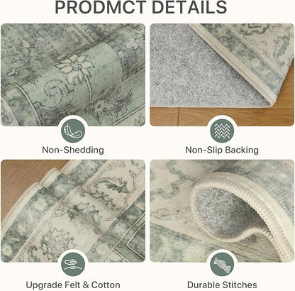 8x10 Area Rugs for Living Room, Machine Washable Non Slip Vintage Rugs, Low Pile Lightweigt Print Indoor Rug for Bedroom, Dining Room, Home Office, Green