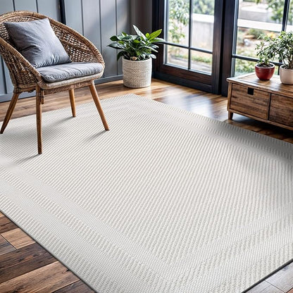 CAMILSON Micro Loop Rug 5x7 Modern Luxury Bordered Area Rugs Soft High and Low Pile Stain Resistant Easy-Cleaning Non-Shedding for Living Room Office Indoor Carpet (5 x 7 / White)