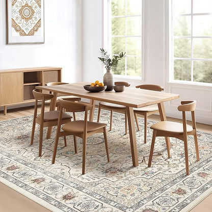 5x8Ft Area Rug Living Room: Washable Boho Large Neutral Vintage Soft Rugs Stain Resistant Farmhouse Non Slip Indoor Floor Carpet for Bedroom Nursery Kids Playroom Office Dining Room- Cream Blue