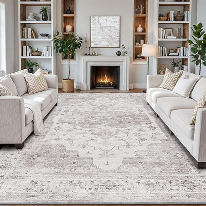 LUMI 8x10 Washable Low-Pile Area Rug for Living Room, Ultra Soft Vintage Rugs with TPE Non Slip Backing, Stain Resistant, Low Profile Carpet High Traffic for Bedroom, Dining Room