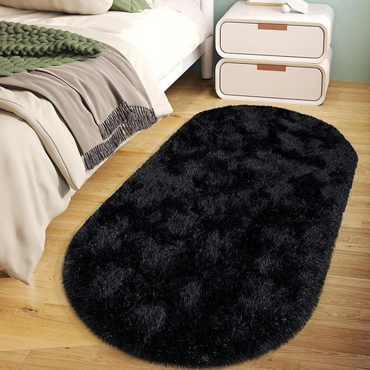 Soft Fluffy Area Rug for Bedroom, Black Fuzzy Shaggy Oval Throw Rugs for Bedside, Non-Slip Cozy Plush Shag Carpet for Kids Room Nursery Dorm Living Room, 2.6 x 5.3 Feet