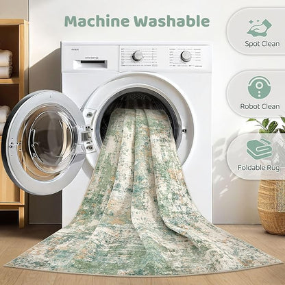5x8 Area Rug Living Room: Washable Large Abstract Soft Green Rugs Stain Resistant Indoor Floor Non-Slip Accent Carpet for Men Modern Home Enthusiasts Aged 25-45 - Bedroom Office Playroom