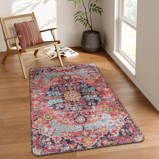 Lahome Bohemian Floral Medallion Area Rug - 3x5 Hot Pink Rug for Girls Room Front Entry Mat, Non-Slip Machine Washable Soft Throw Carpet for Bathroom Apartment Entrance Laundry, Fuchsia/Multi