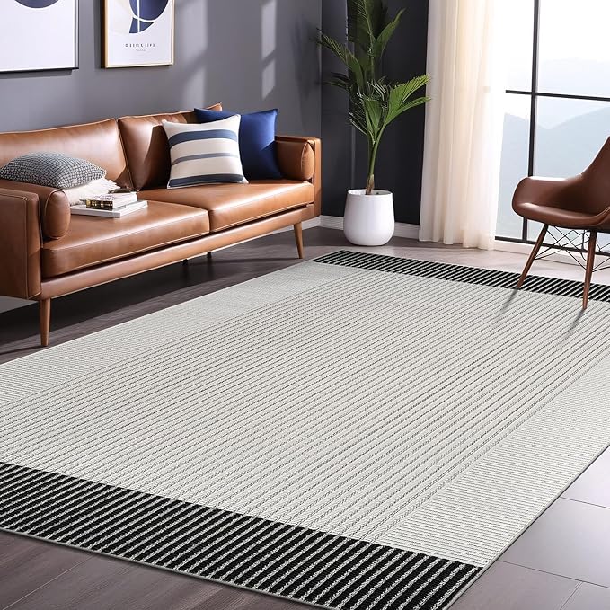 Modern Micro Loop Indoor Area Rugs for Living Room Bedroom Kitchen Geometric Striped Black-White 6x9 Luxury Durable Low and High Pile Non-Shedding Stain Resistant Soft Area Carpet 6 x 9