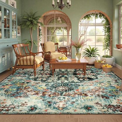 Lahome Boho 8x10 Rugs for Living Room, Teal Washable Rugs for Bedroom Aesthetic Large Dining Room Rug, Large Bohemian Printed Non-Slip Low Pile Throw Playroom Carpet for Kids Room Nursery Office