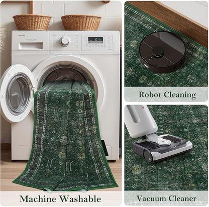 Moynesa Green 8x10 Living Room Rug, Vintage Washable Area Rug for Bedroom Dining Room Office, Low Pile Soft Non-Slip Retro Accent Carpets for Kitchen Indoor Nursery