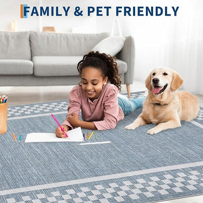 Washable Runner Rug 2x10 Modern Bordered Hallway Runner Rug Non Slip Kitchen Throw Carpet Checkered Bathroom Entryway Runner Rugs Low Pile Solid Area Rugs for Living Room Bedroom Nursery Sink, Blue