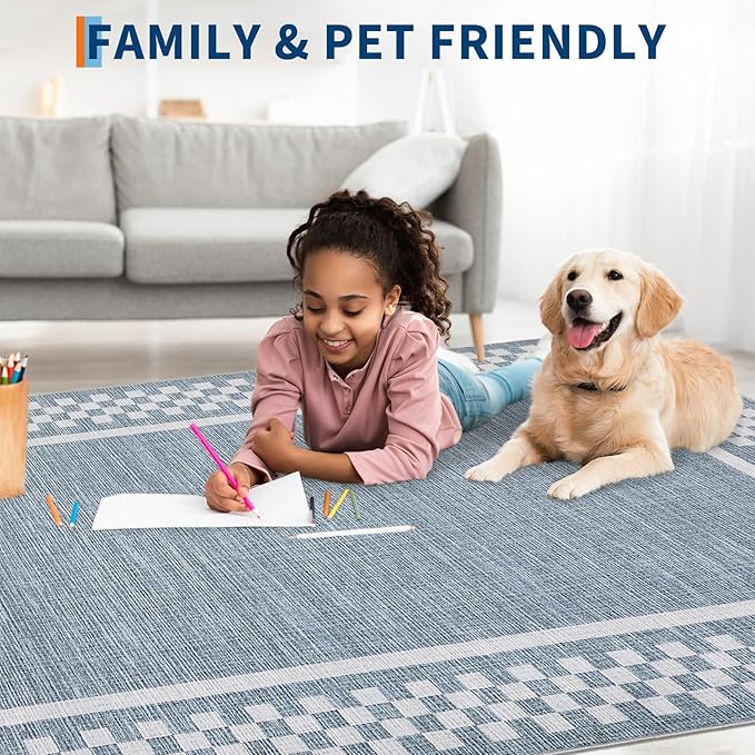 GarveeHome 5x7 Washable Area Rug for Bedroom Living Room Non Slip Modern Bordered Throw Rugs Low Pile Soft Checkered Dining Room Area Rugs Geometric Throw Carpet for Kitchen Nursery Office, Blue