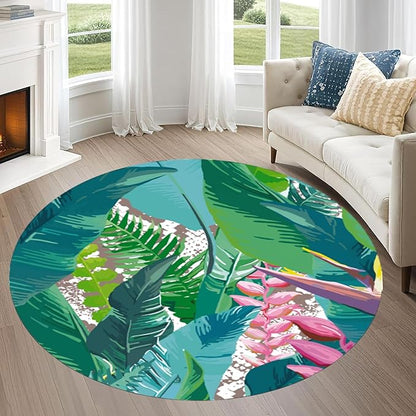 Tropical Leaves Round Rug 4ft - Machine Washable Non-Slip Circular Floor Mat, Short Pile Soft Rug for Living Room, Bedroom, Nursery in Green & Pink Botanical Design