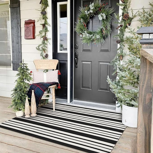 KOZYFLY Black and White Striped Outdoor Rug 3x5 Ft Area Rug Washable Front Porch Rug Front Door Mat Cotton Outdoor Doormats Carpet for Front Door Kitchen Entryway Patio Living Room
