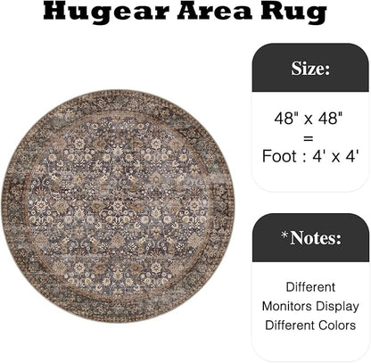Hugear Round Rug 4ft Entryway Rugs Machine Washable Tradition Brown Hallway Area Rug 4x4 Small Circle Accent Rug Floral Low Pile Carpet Soft Throw Rug Living Room Office Laundry Room Entrance Non Slip