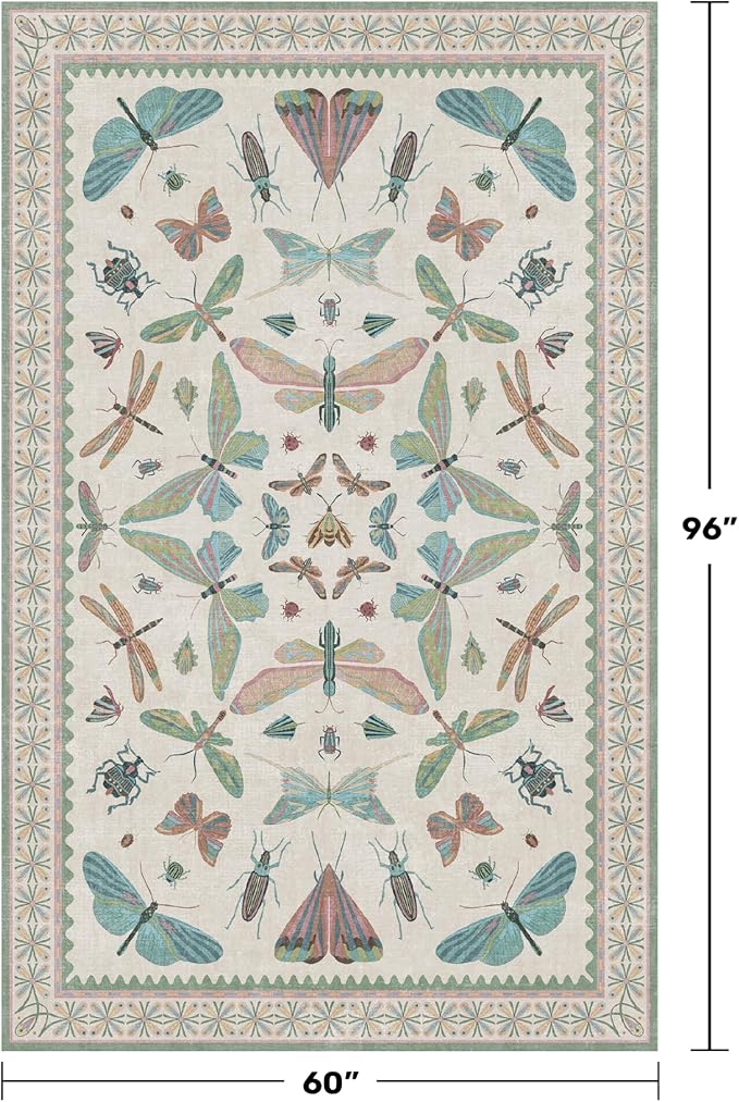 Green and Blue Nursery Rug 5x8 - Washable Soft Area Rugs for Bedroom Under Bed, Living Room, Vintage Floral Butterfly Fun Indoor Floor Decor