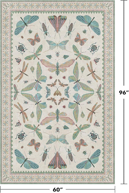 Green and Blue Nursery Rug 5x8 - Washable Soft Area Rugs for Bedroom Under Bed, Living Room, Vintage Floral Butterfly Fun Indoor Floor Decor