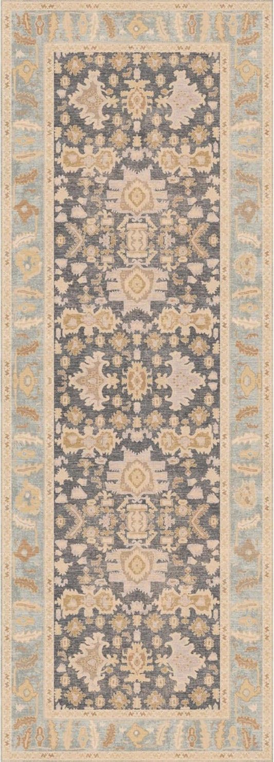 Kuden 2'6"x10 Runner Rug, Machine Washable Area Rug with Non-Slip Backing, Vintage Style, Soft, Easy Clean, Low Pile Rug for Hallway, Entryway, Kitchen, Bedroom