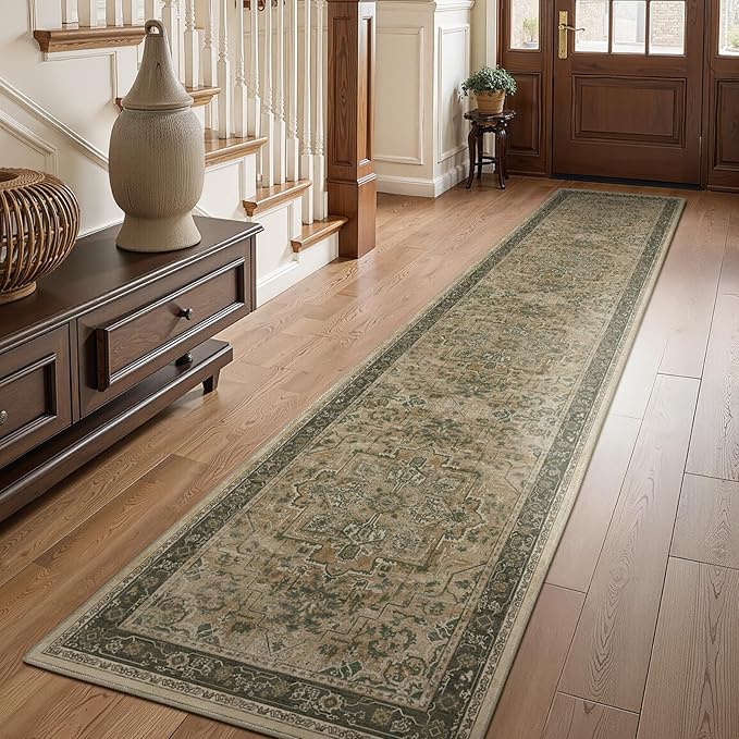 Moody 3x10 Long Hallway Runner Rug, Vintage Distressed Medallion Carpet Runners for Entryway, Low Pile Thin Runner Rug Non Slip Washable for Kitchen/Mudroom/Foyer/Bedroom, Multi Brown/Olive