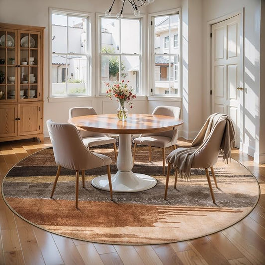 Ciicool 6ft Round Washable Rug, Modern Abstract Circle Rugs, Non-Slip Thin Lightweight Rug Brown Black Circular Print Distressed Carpet for Bedroom Living Room Under Dining Table Home Office Decor
