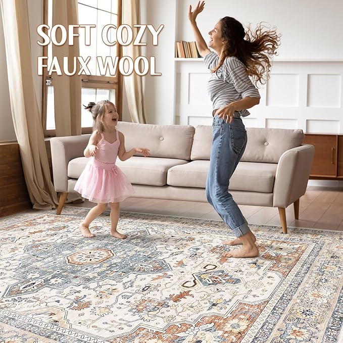 6x9 Area Rugs Living Room: Washable Boho Large Neutral Vintage Soft Rug Stain Resistant Distressed Farmhouse Non-Slip Indoor Floor Carpet for Bedroom Nursery Kids Office Dining Room- Beige Blue