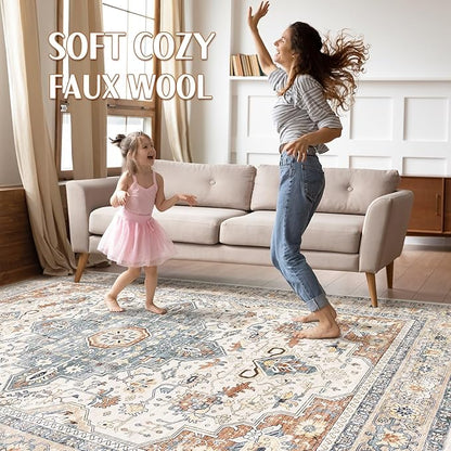 8x12 Area Rugs Living Room: Washable Boho Large Neutral Vintage Soft Rug Stain Resistant Distressed Farmhouse Non-Slip Indoor Floor Carpet for Bedroom Nursery Kids Office Dining Room- Beige Blue