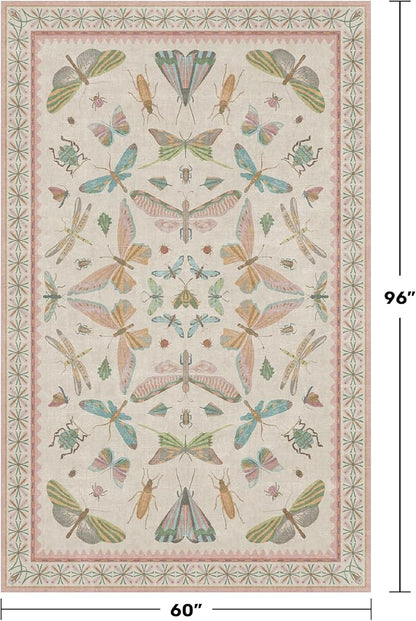Washable 5x8 Light Pink Rug for Bedroom - Pink Boho Girl Nursery Rug, Living Room, Nature Insect Bug Print Home Decor