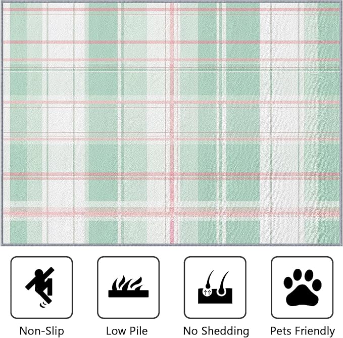 6x9 Rug Washable - Plaid Rug for Bedroom, Mint Green Tartan Gingham Non Slip Low Pile Area Rugs for Living Room, Plaid Carpets Home Decor & Gifts