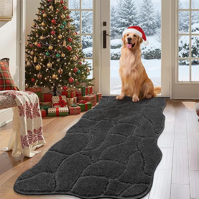 Large Dog Door Mat for Muddy Paws, 22x47 Absorbent Dirt Trapper Long Door Mat, Non-Slip Washable Mud Mat for Dogs, Polyester Microfiber Soft Pet Rug Mat for Entryway, Mud Dog Paws, Patio (Charcoal)