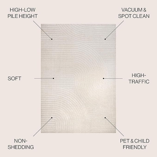 JONATHAN Y Hallie High-Low Curve Ivory/Cream Indoor/Outdoor Area Rug, 12x18, Minimalist, Pet Friendly, Non-Shedding, Stain Resistant, Hose-Washable for Backyard, Patio, Porch (SCN100B-18)