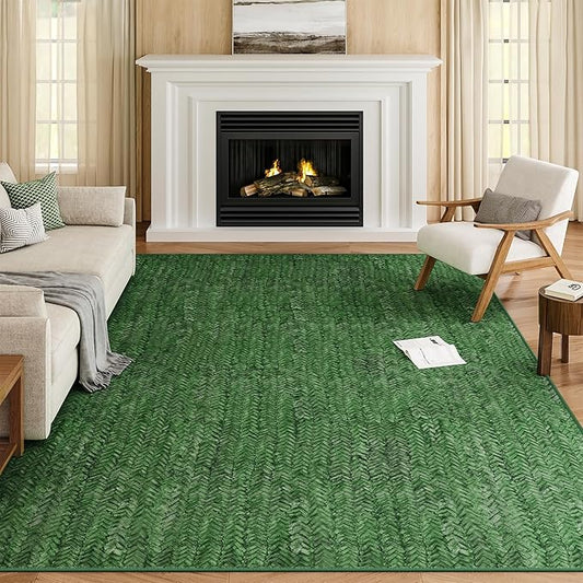 Eleisa Modern Vintage 8x10 Herringbone Chevron Area Rug for Living Room, Green, Non-Slip Stain Resistant Washable Rug, Farmhouse Home Decor Carpet for Bedroom, Kitchen, Dining Room