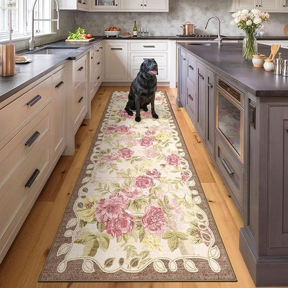 2'6''x8' Machine Washable Runner Rug, Kitchen Hallway Area Rug Pink Vintage Boho Floral Ultra Non-Slip Low Pile Soft Faux Wool Carpet, Kids and Pets Friendly for Bedroom Entryway Nursery Decor Rug
