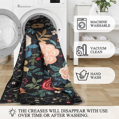 DUKINO Runner Rug, 2x7 Boho Kitchen Rug for Hallways with Low Pile Design, Washable Non Slip Backing Soft Floral Runner for Kitchen, Hallway, Entryway, Bedroom, Laundry, Black